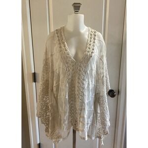 XCVI Ivory Floral Crochet Lace Cover Up Kimono Sheer Top Blouse XL Boho Cottage